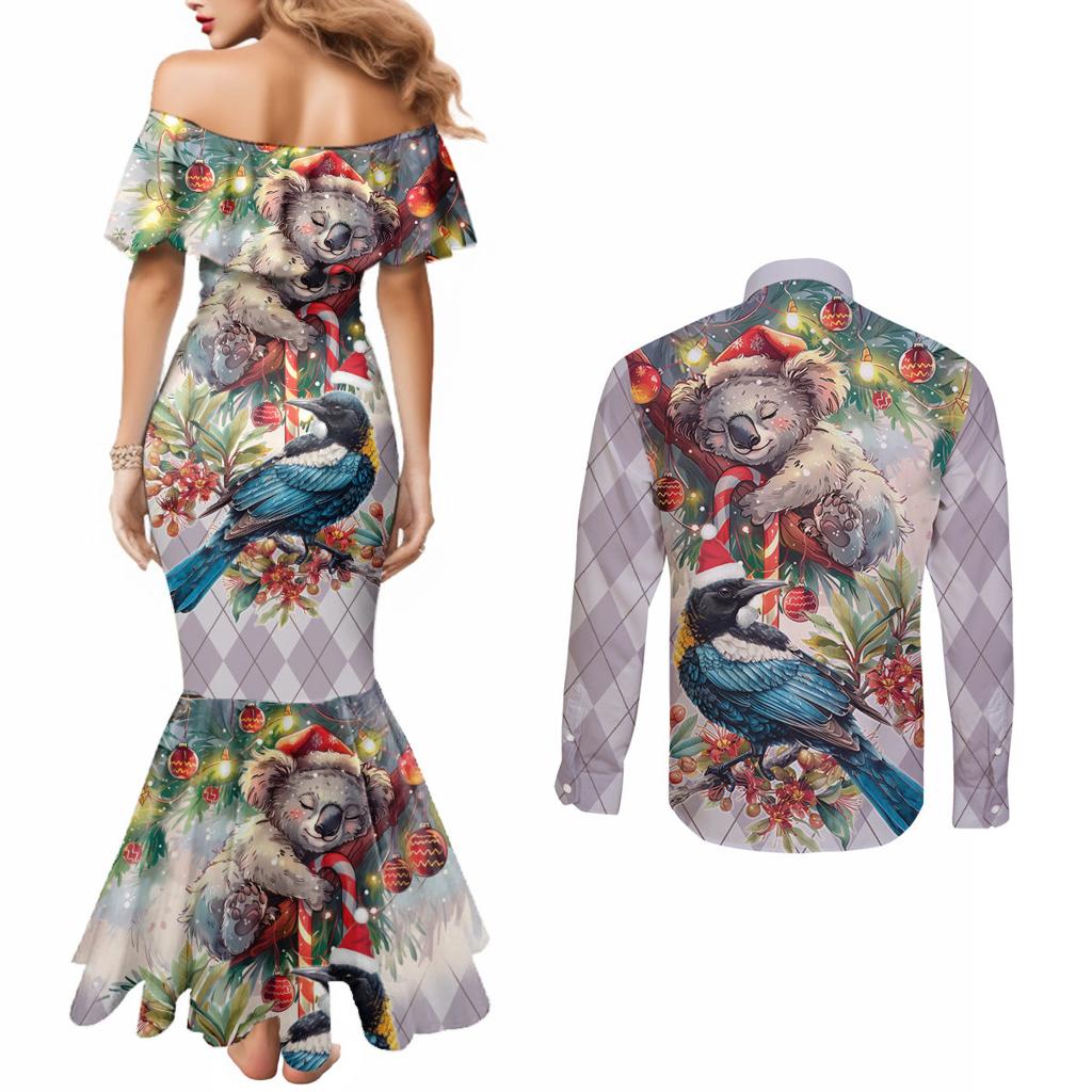 Koala and Tui Bird Christmas in July Couples Matching Mermaid Dress and Long Sleeve Button Shirt