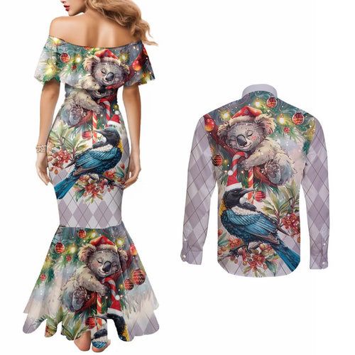 Koala and Tui Bird Christmas in July Couples Matching Mermaid Dress and Long Sleeve Button Shirt