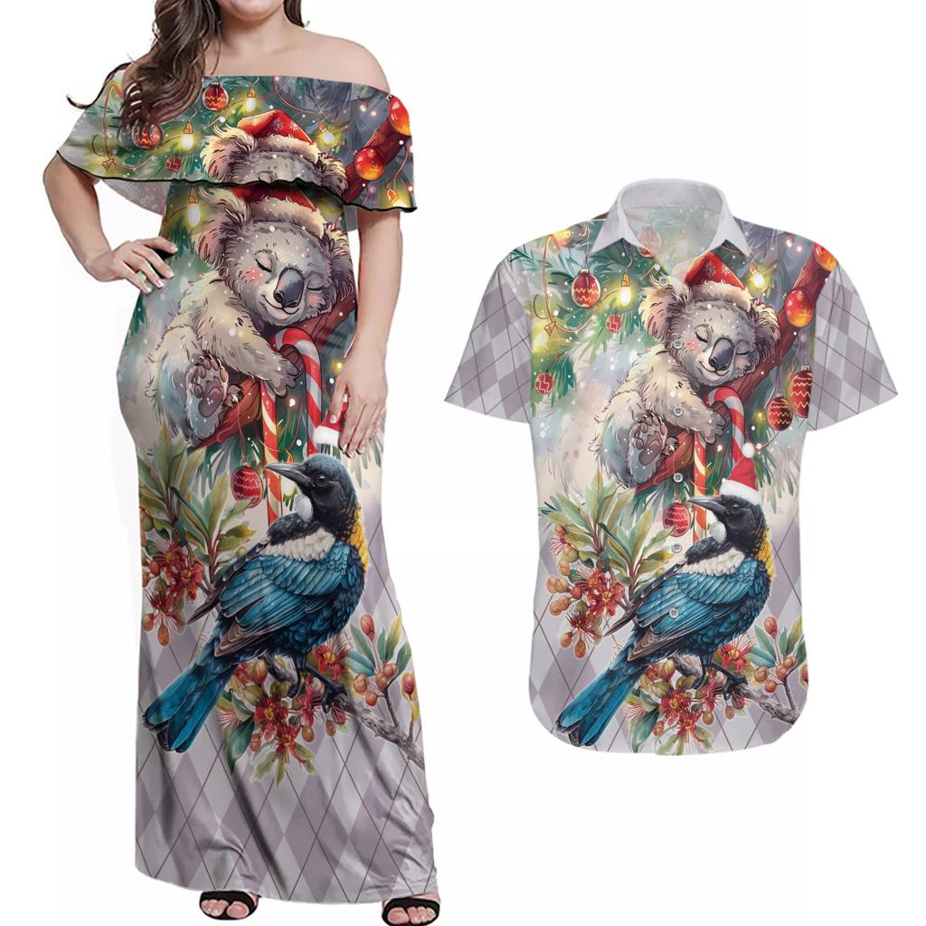 Koala and Tui Bird Christmas in July Couples Matching Off Shoulder Maxi Dress and Hawaiian Shirt