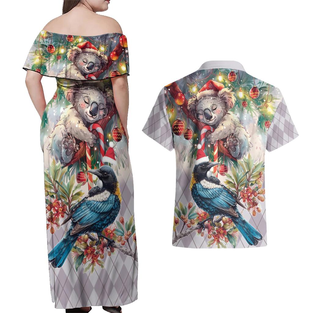 Koala and Tui Bird Christmas in July Couples Matching Off Shoulder Maxi Dress and Hawaiian Shirt