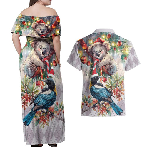 Koala and Tui Bird Christmas in July Couples Matching Off Shoulder Maxi Dress and Hawaiian Shirt