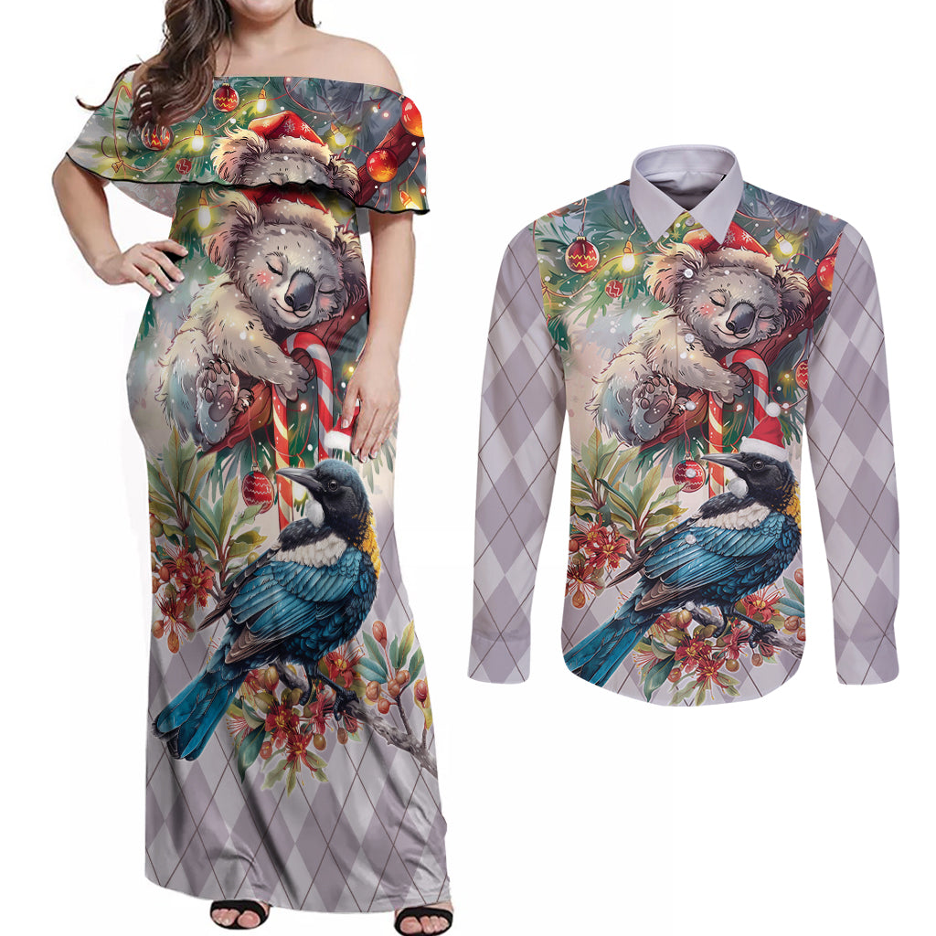 Koala and Tui Bird Christmas in July Couples Matching Off Shoulder Maxi Dress and Long Sleeve Button Shirt