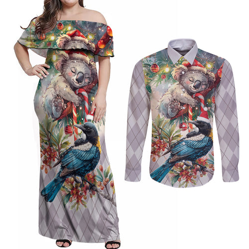 Koala and Tui Bird Christmas in July Couples Matching Off Shoulder Maxi Dress and Long Sleeve Button Shirt