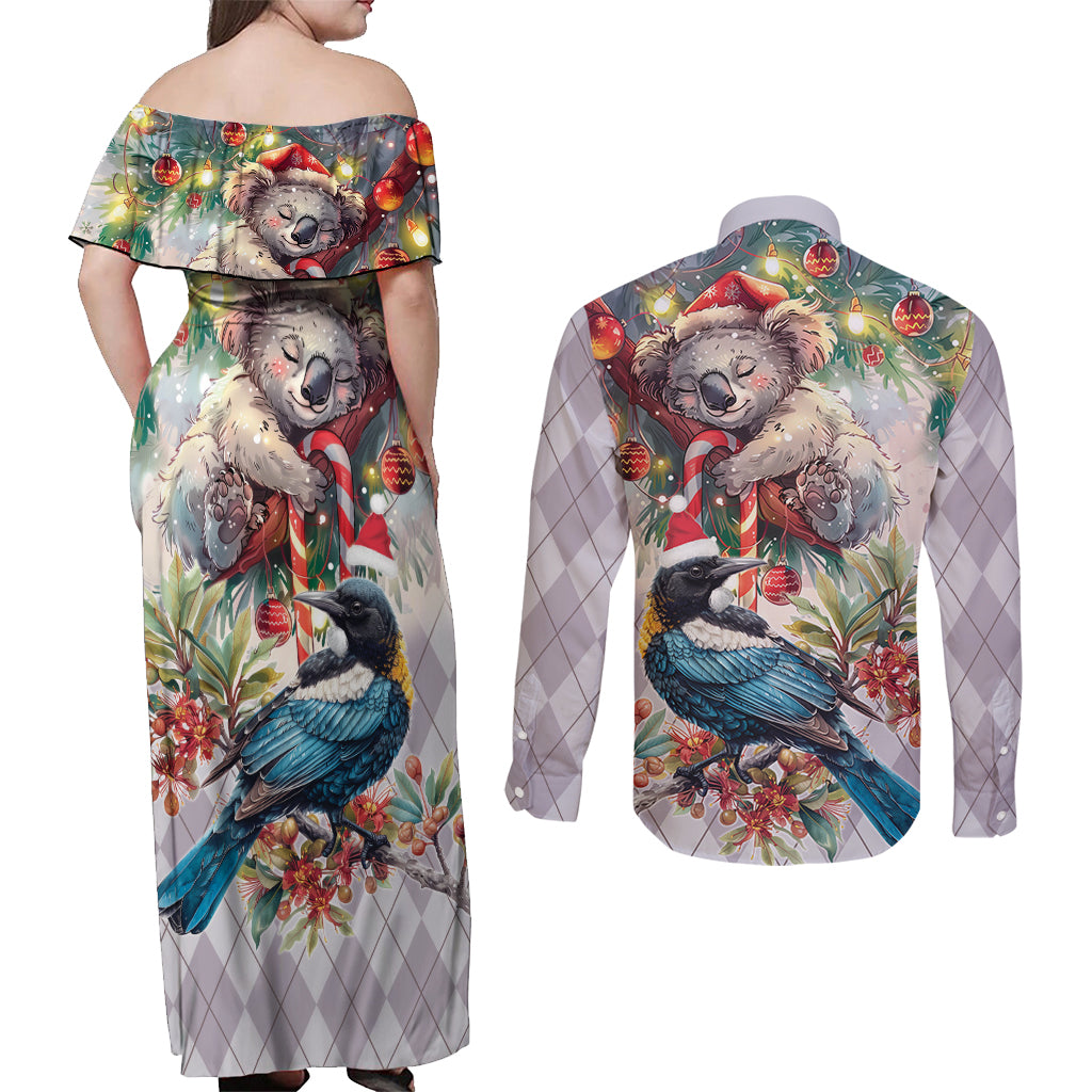 Koala and Tui Bird Christmas in July Couples Matching Off Shoulder Maxi Dress and Long Sleeve Button Shirt
