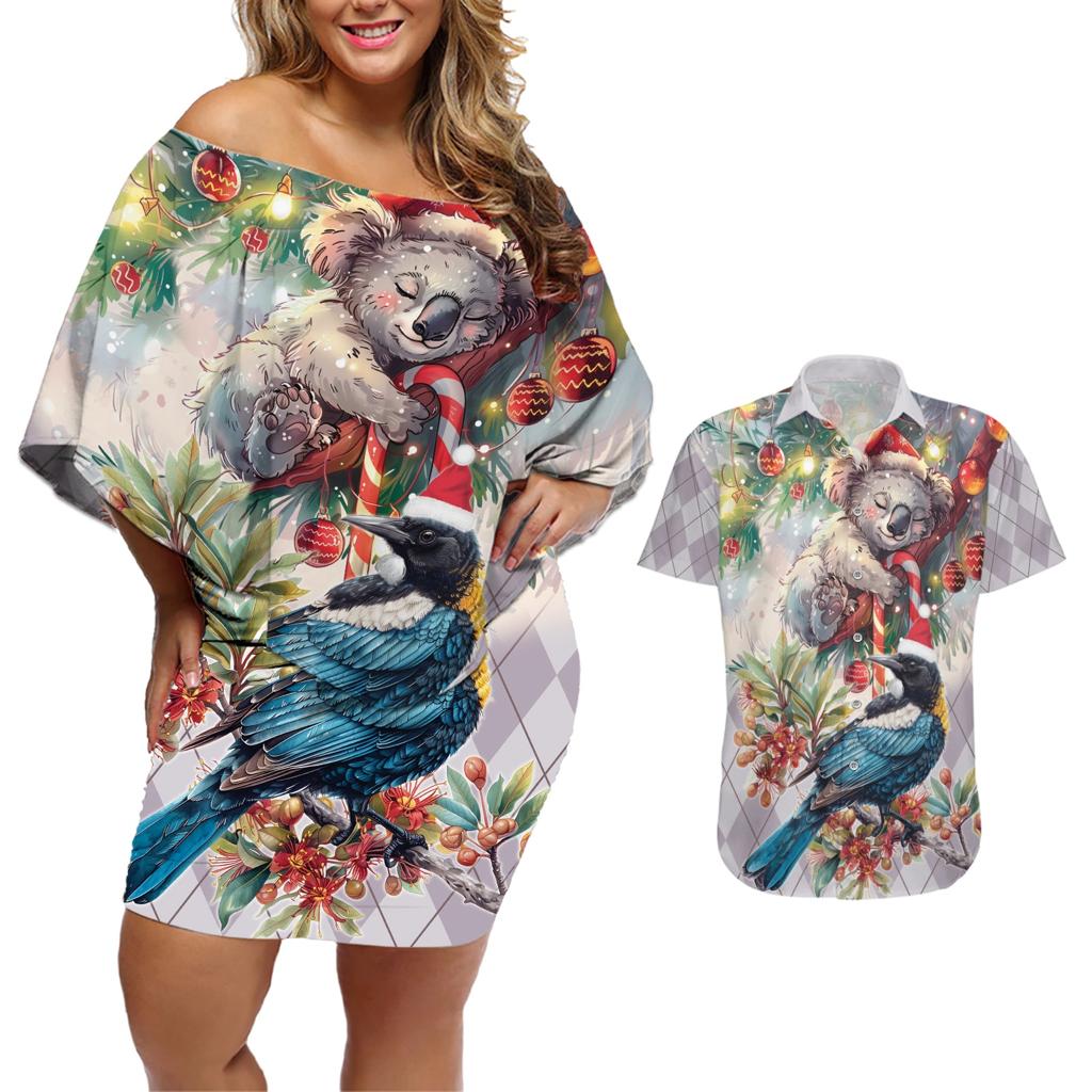 Koala and Tui Bird Christmas in July Couples Matching Off Shoulder Short Dress and Hawaiian Shirt