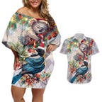 Koala and Tui Bird Christmas in July Couples Matching Off Shoulder Short Dress and Hawaiian Shirt