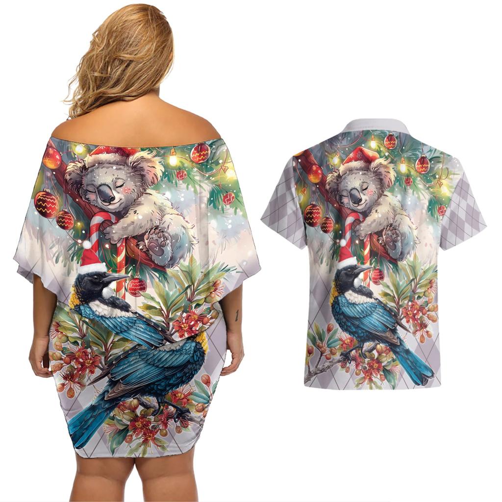 Koala and Tui Bird Christmas in July Couples Matching Off Shoulder Short Dress and Hawaiian Shirt