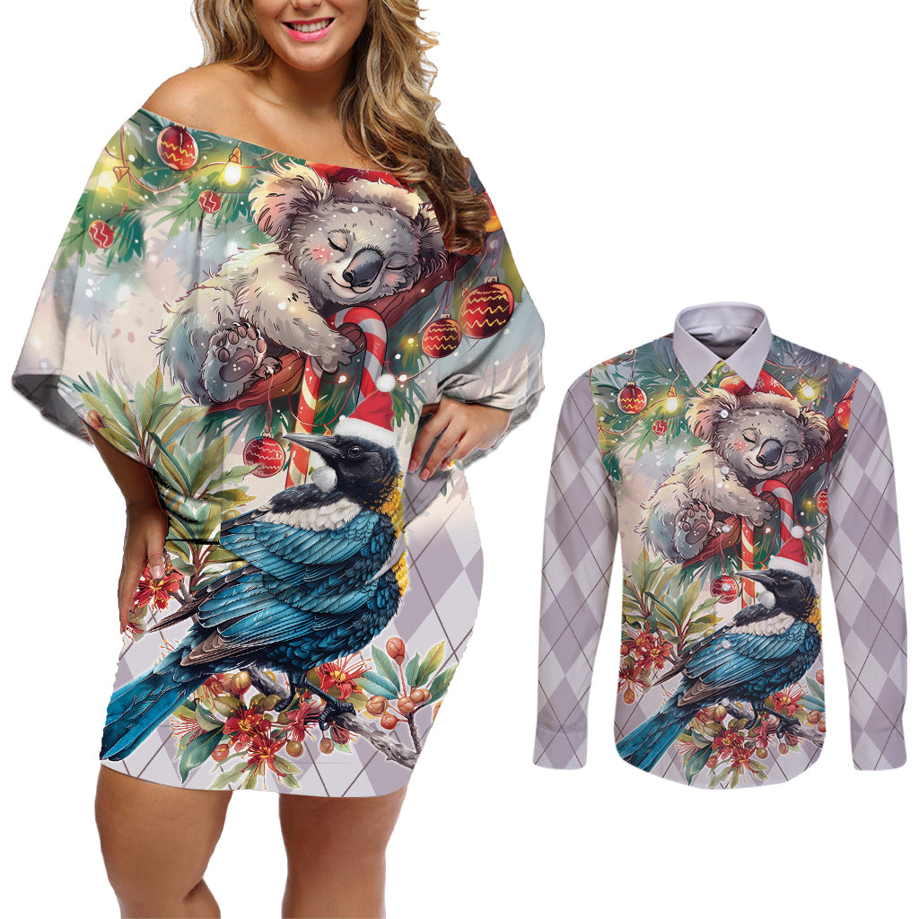 Koala and Tui Bird Christmas in July Couples Matching Off Shoulder Short Dress and Long Sleeve Button Shirt
