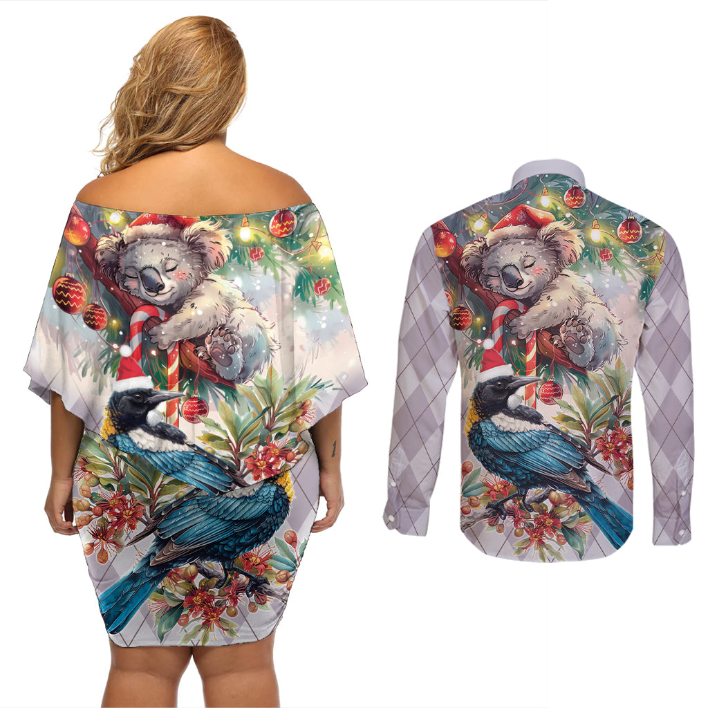 Koala and Tui Bird Christmas in July Couples Matching Off Shoulder Short Dress and Long Sleeve Button Shirt