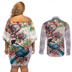 Koala and Tui Bird Christmas in July Couples Matching Off Shoulder Short Dress and Long Sleeve Button Shirt