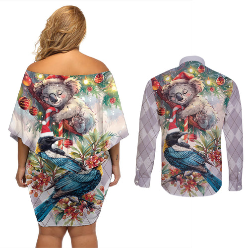 Koala and Tui Bird Christmas in July Couples Matching Off Shoulder Short Dress and Long Sleeve Button Shirt