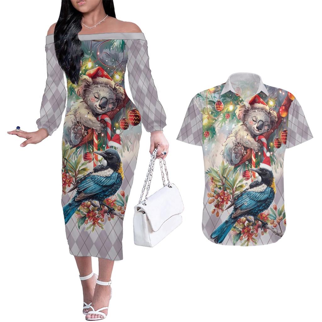 Koala and Tui Bird Christmas in July Couples Matching Off The Shoulder Long Sleeve Dress and Hawaiian Shirt