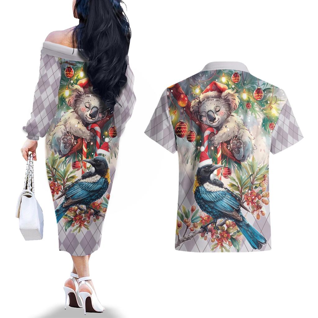 Koala and Tui Bird Christmas in July Couples Matching Off The Shoulder Long Sleeve Dress and Hawaiian Shirt