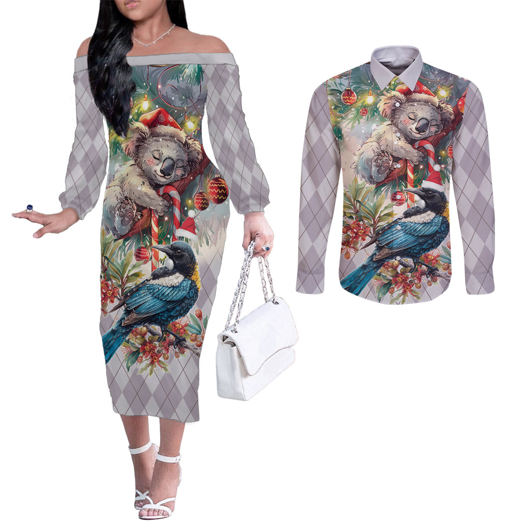 Koala and Tui Bird Christmas in July Couples Matching Off The Shoulder Long Sleeve Dress and Long Sleeve Button Shirt