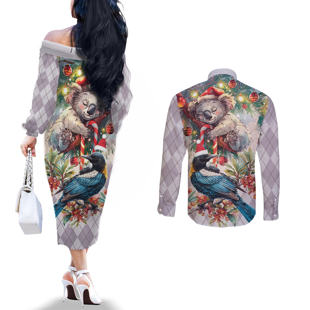 Koala and Tui Bird Christmas in July Couples Matching Off The Shoulder Long Sleeve Dress and Long Sleeve Button Shirt