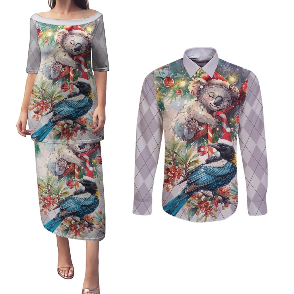 Koala and Tui Bird Christmas in July Couples Matching Puletasi and Long Sleeve Button Shirt