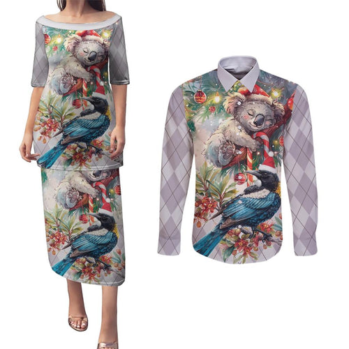 Koala and Tui Bird Christmas in July Couples Matching Puletasi and Long Sleeve Button Shirt