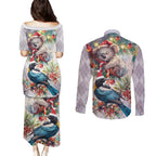 Koala and Tui Bird Christmas in July Couples Matching Puletasi and Long Sleeve Button Shirt