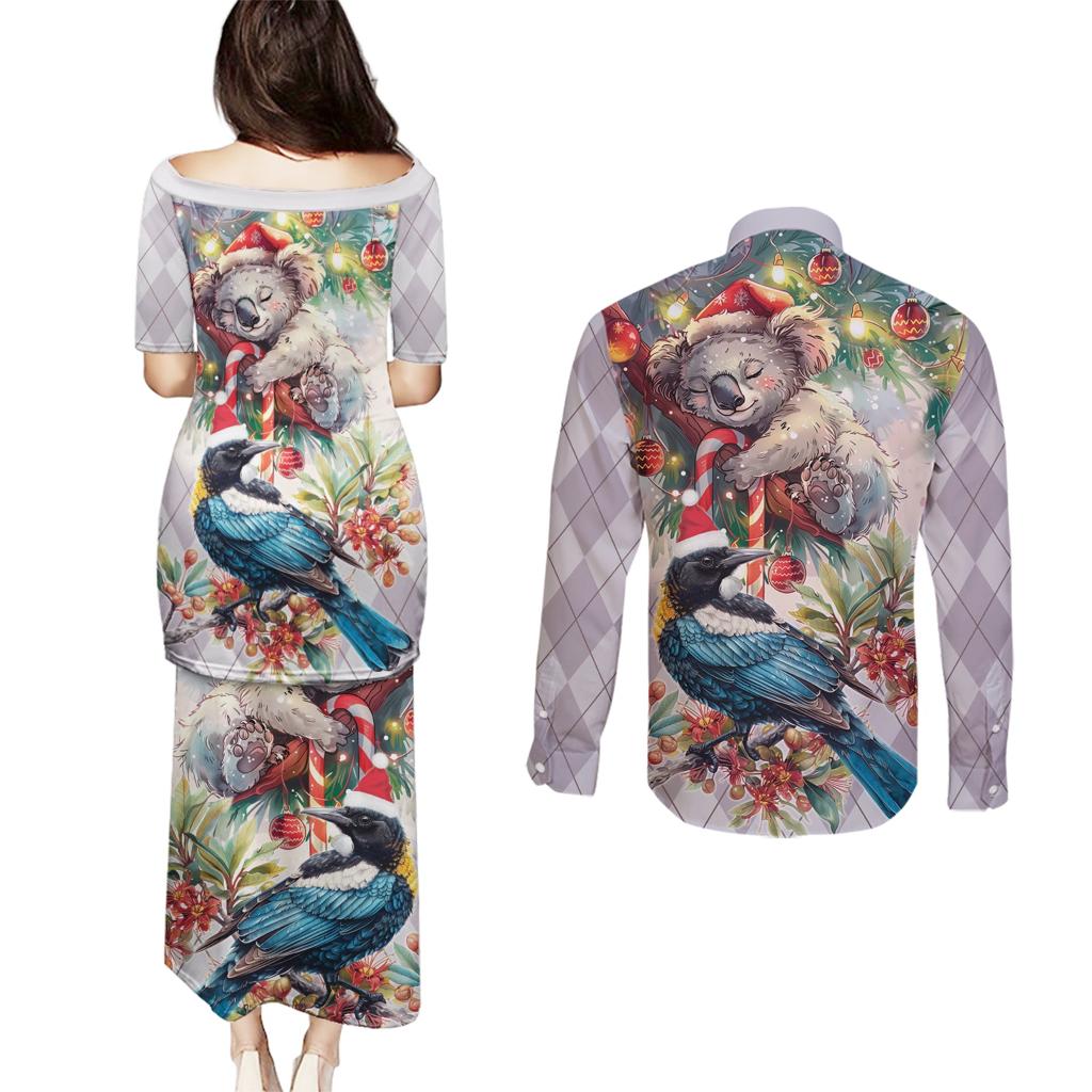 Koala and Tui Bird Christmas in July Couples Matching Puletasi and Long Sleeve Button Shirt
