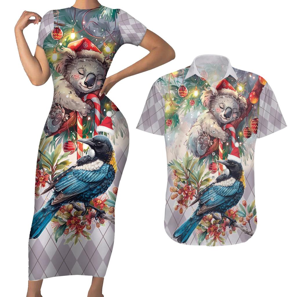 Koala and Tui Bird Christmas in July Couples Matching Short Sleeve Bodycon Dress and Hawaiian Shirt