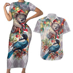 Koala and Tui Bird Christmas in July Couples Matching Short Sleeve Bodycon Dress and Hawaiian Shirt