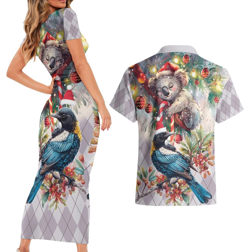 Koala and Tui Bird Christmas in July Couples Matching Short Sleeve Bodycon Dress and Hawaiian Shirt