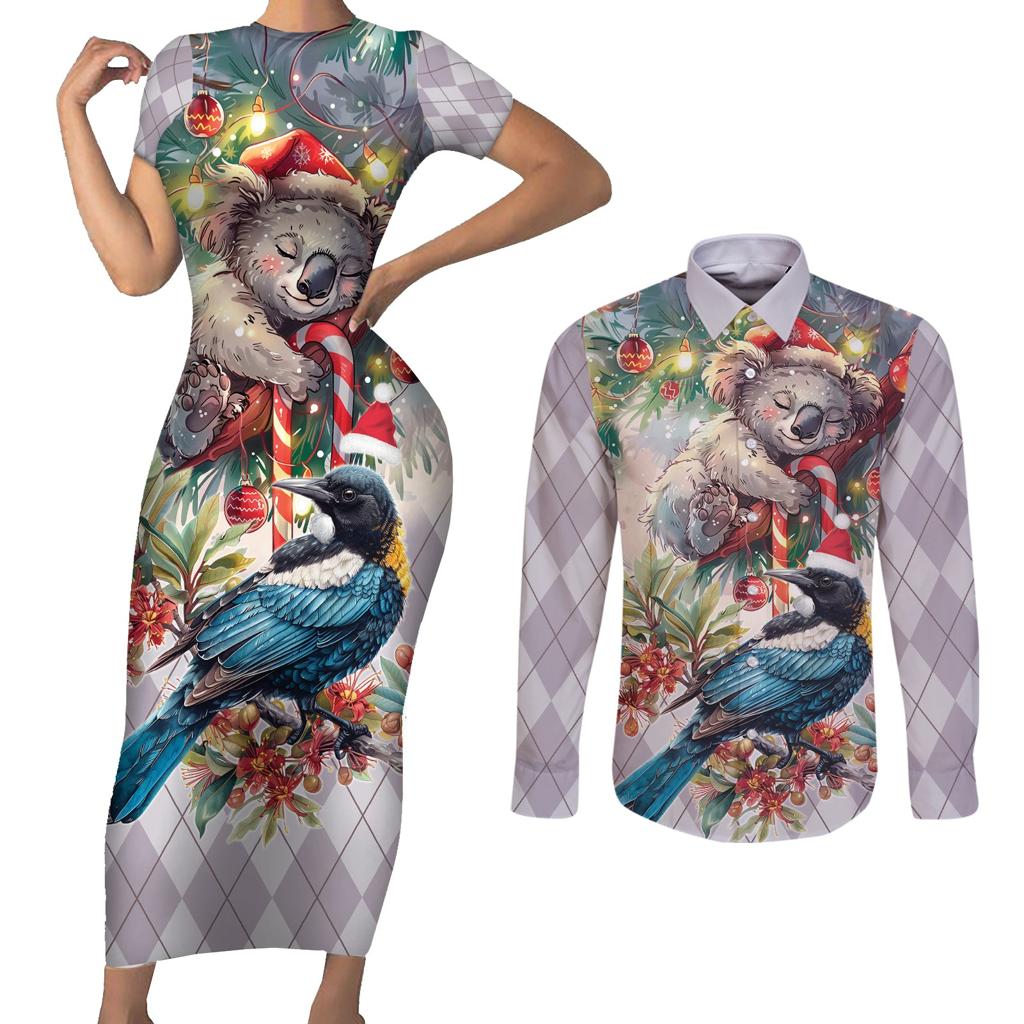 Koala and Tui Bird Christmas in July Couples Matching Short Sleeve Bodycon Dress and Long Sleeve Button Shirt