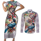 Koala and Tui Bird Christmas in July Couples Matching Short Sleeve Bodycon Dress and Long Sleeve Button Shirt