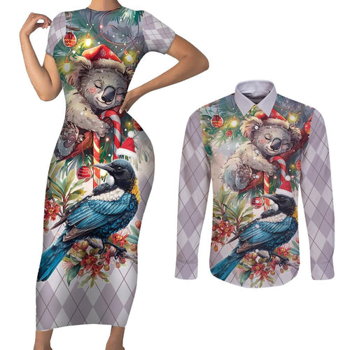 Koala and Tui Bird Christmas in July Couples Matching Short Sleeve Bodycon Dress and Long Sleeve Button Shirt