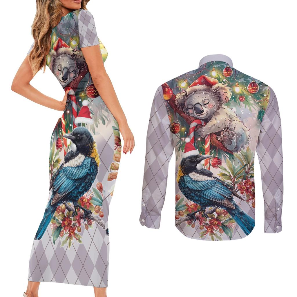 Koala and Tui Bird Christmas in July Couples Matching Short Sleeve Bodycon Dress and Long Sleeve Button Shirt
