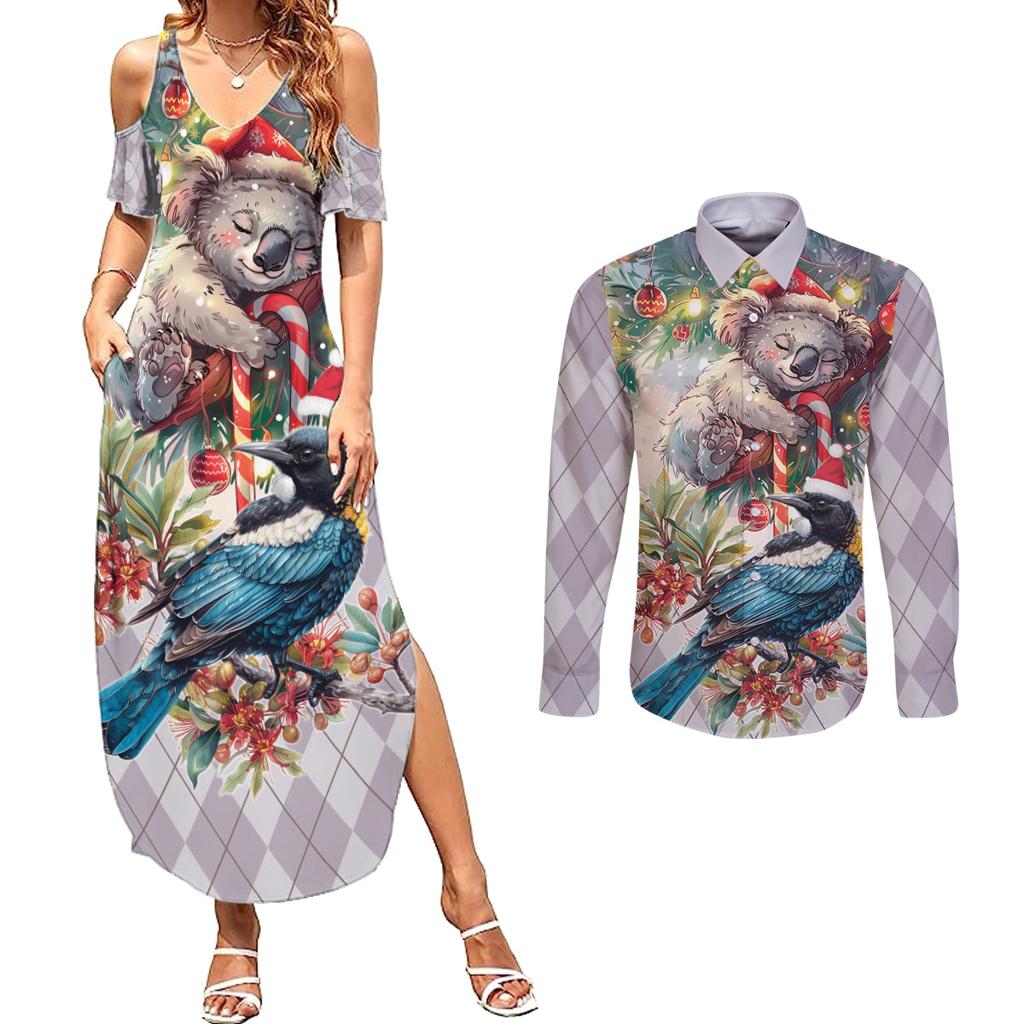 Koala and Tui Bird Christmas in July Couples Matching Summer Maxi Dress and Long Sleeve Button Shirt