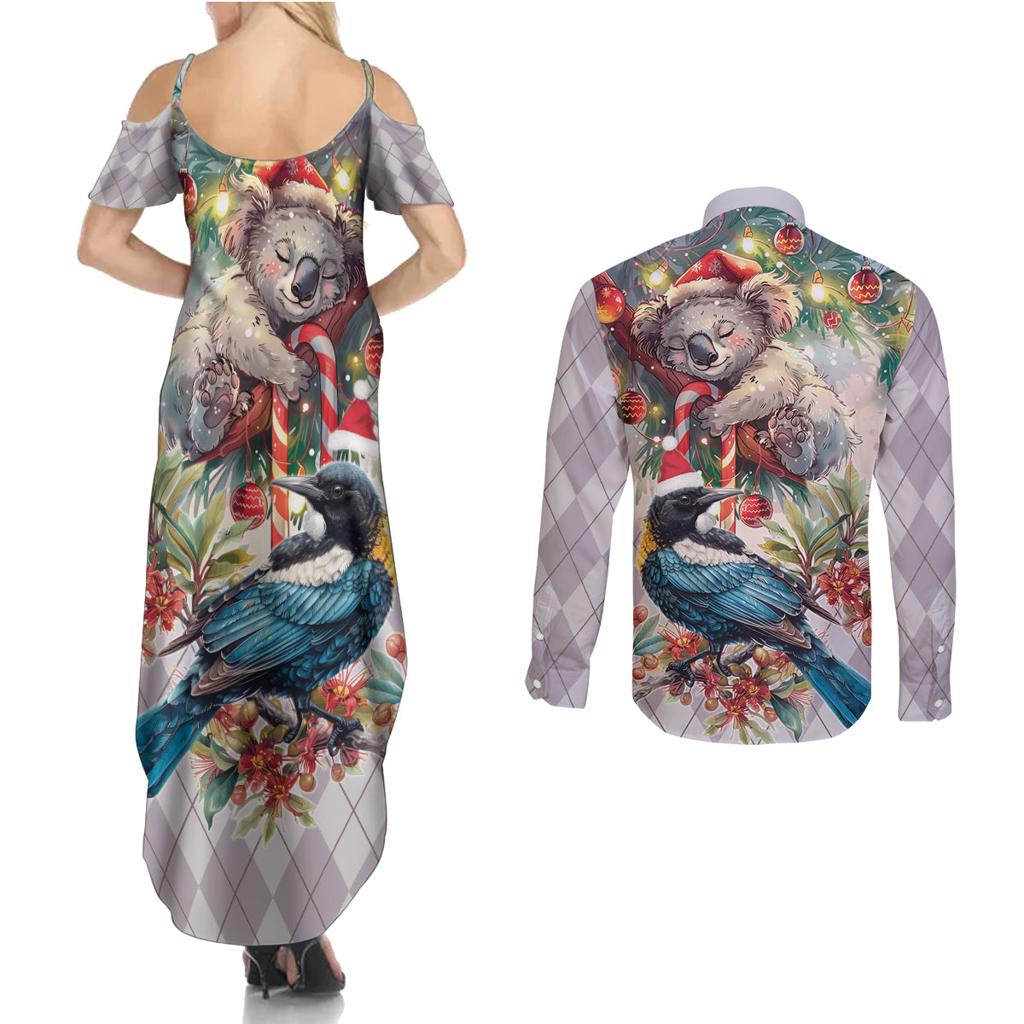 Koala and Tui Bird Christmas in July Couples Matching Summer Maxi Dress and Long Sleeve Button Shirt
