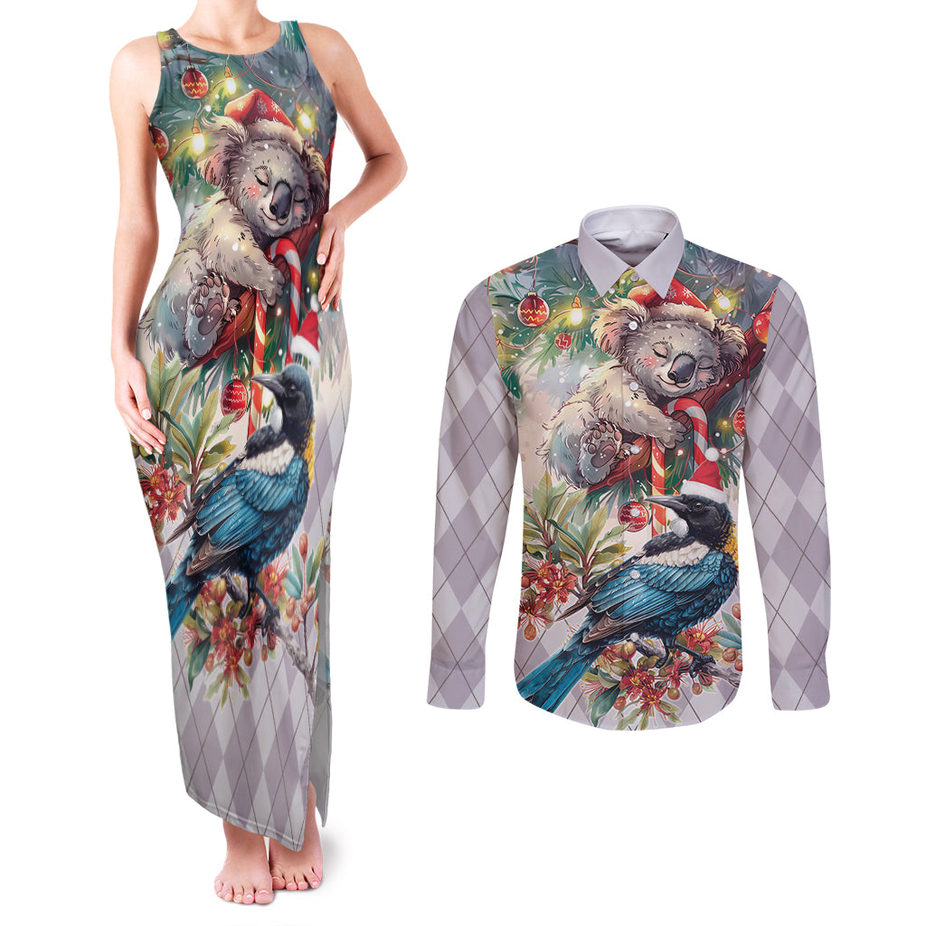 Koala and Tui Bird Christmas in July Couples Matching Tank Maxi Dress and Long Sleeve Button Shirt