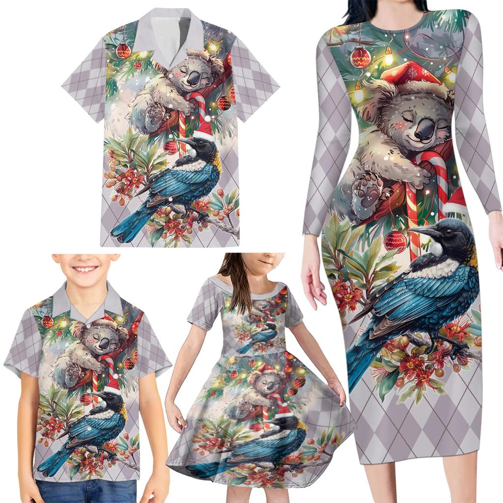 Koala and Tui Bird Christmas in July Family Matching Long Sleeve Bodycon Dress and Hawaiian Shirt