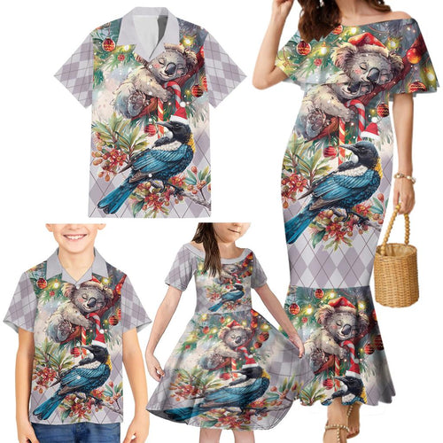 Koala and Tui Bird Christmas in July Family Matching Mermaid Dress and Hawaiian Shirt