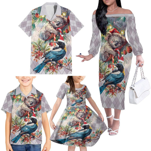 Koala and Tui Bird Christmas in July Family Matching Off The Shoulder Long Sleeve Dress and Hawaiian Shirt