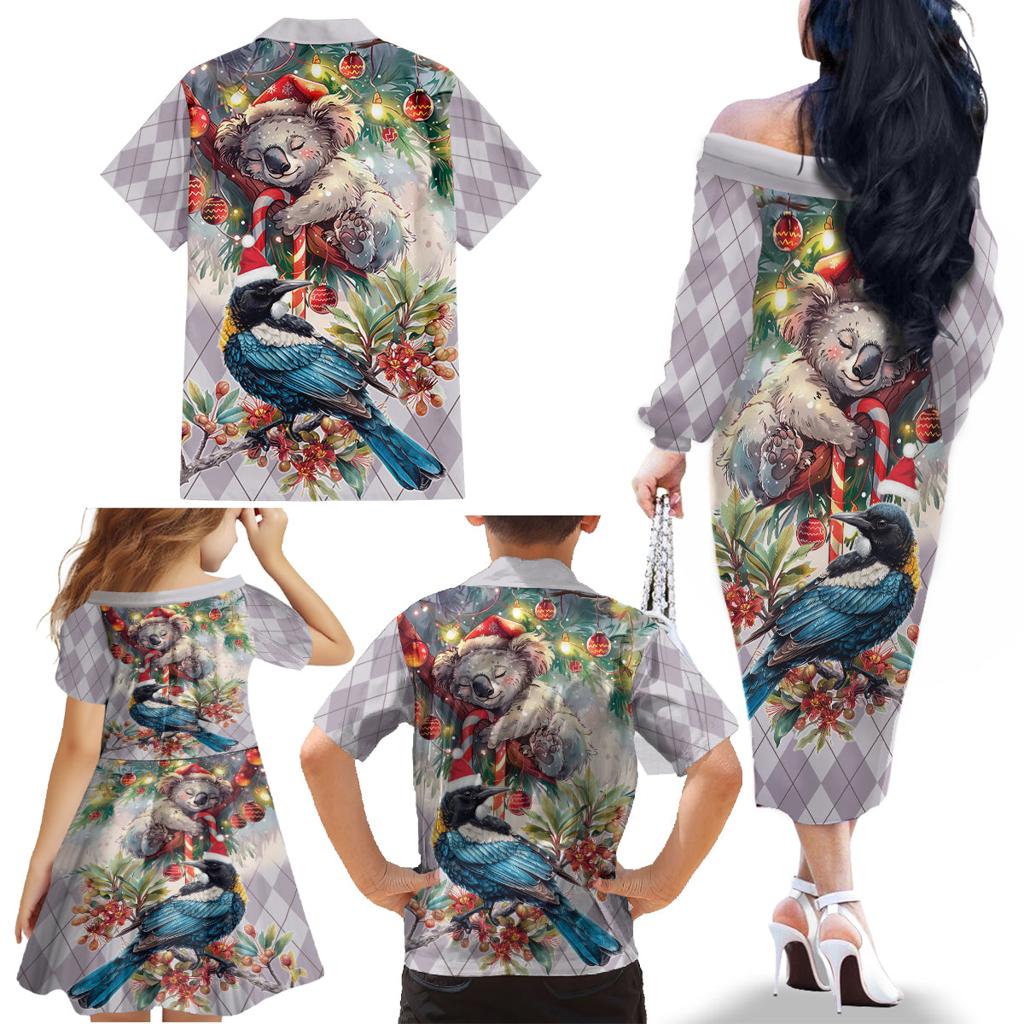 Koala and Tui Bird Christmas in July Family Matching Off The Shoulder Long Sleeve Dress and Hawaiian Shirt