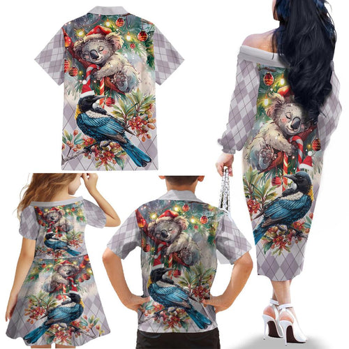 Koala and Tui Bird Christmas in July Family Matching Off The Shoulder Long Sleeve Dress and Hawaiian Shirt