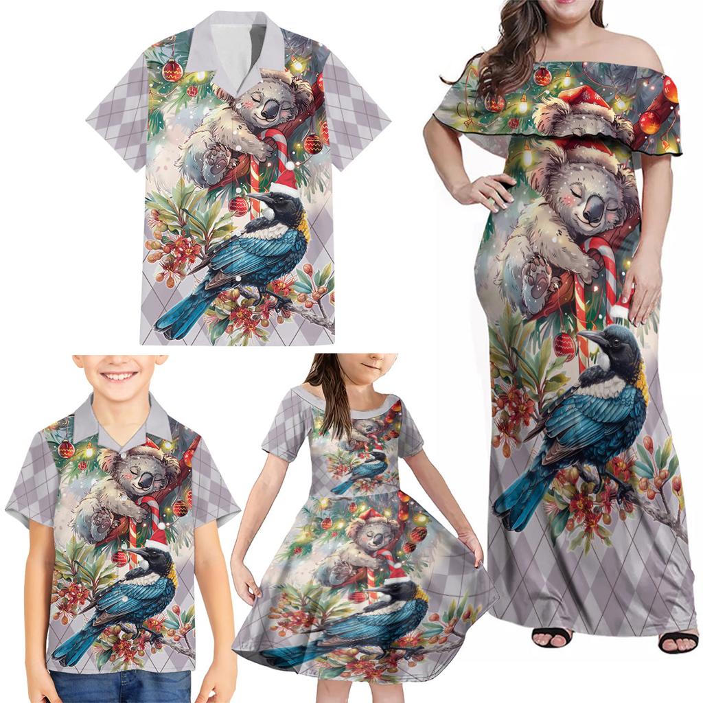 Koala and Tui Bird Christmas in July Family Matching Off Shoulder Maxi Dress and Hawaiian Shirt