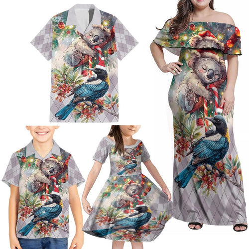 Koala and Tui Bird Christmas in July Family Matching Off Shoulder Maxi Dress and Hawaiian Shirt