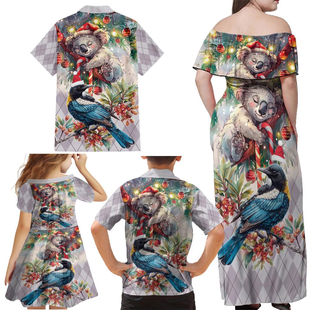 Koala and Tui Bird Christmas in July Family Matching Off Shoulder Maxi Dress and Hawaiian Shirt