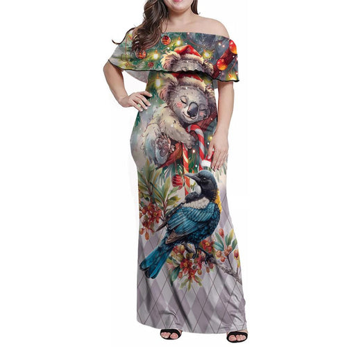 Koala and Tui Bird Christmas in July Family Matching Off Shoulder Maxi Dress and Hawaiian Shirt