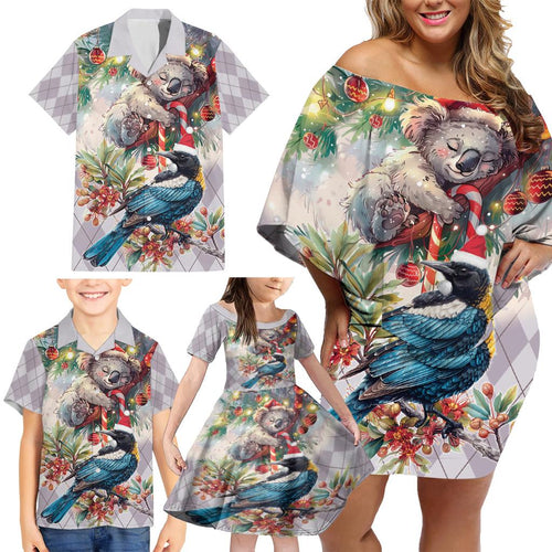 Koala and Tui Bird Christmas in July Family Matching Off Shoulder Short Dress and Hawaiian Shirt
