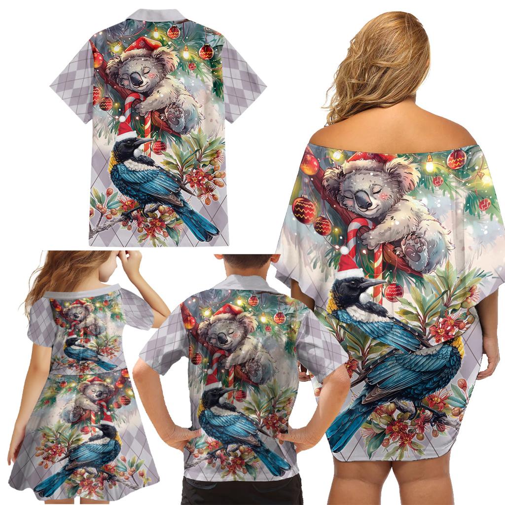 Koala and Tui Bird Christmas in July Family Matching Off Shoulder Short Dress and Hawaiian Shirt