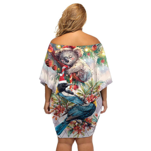 Koala and Tui Bird Christmas in July Family Matching Off Shoulder Short Dress and Hawaiian Shirt
