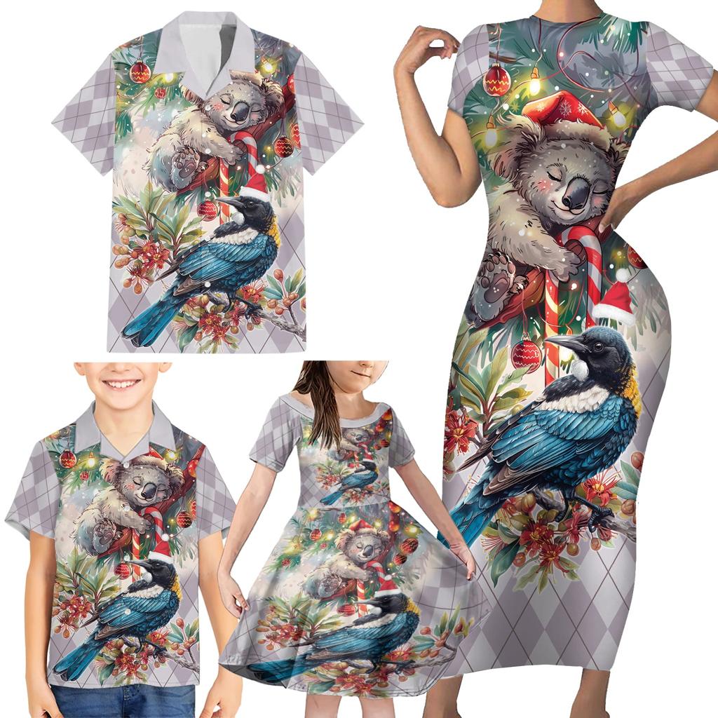 Koala and Tui Bird Christmas in July Family Matching Short Sleeve Bodycon Dress and Hawaiian Shirt