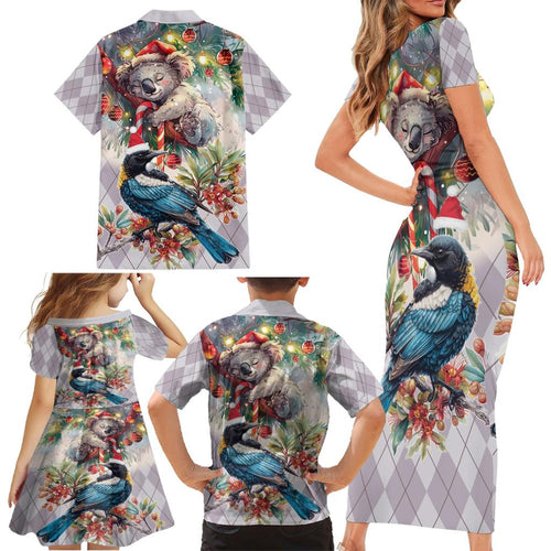 Koala and Tui Bird Christmas in July Family Matching Short Sleeve Bodycon Dress and Hawaiian Shirt