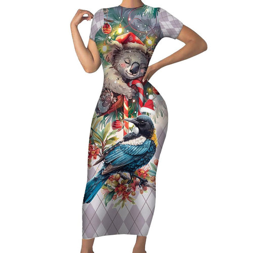 Koala and Tui Bird Christmas in July Family Matching Short Sleeve Bodycon Dress and Hawaiian Shirt