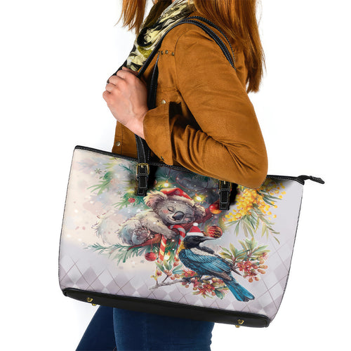 Koala and Tui Bird Christmas in July Leather Tote Bag