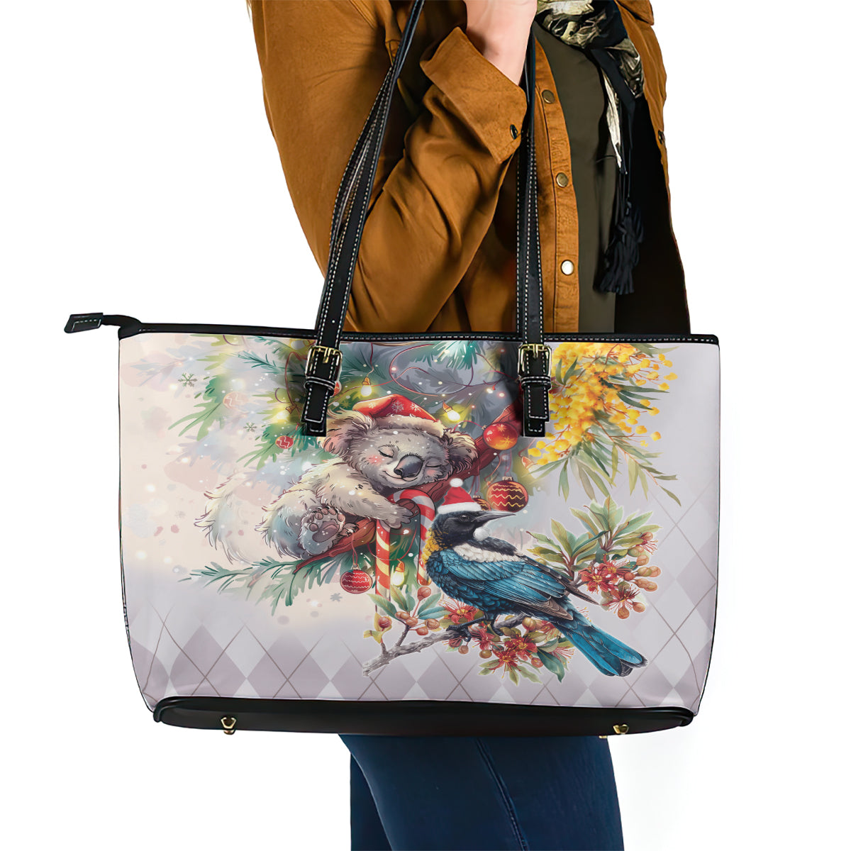 Koala and Tui Bird Christmas in July Leather Tote Bag